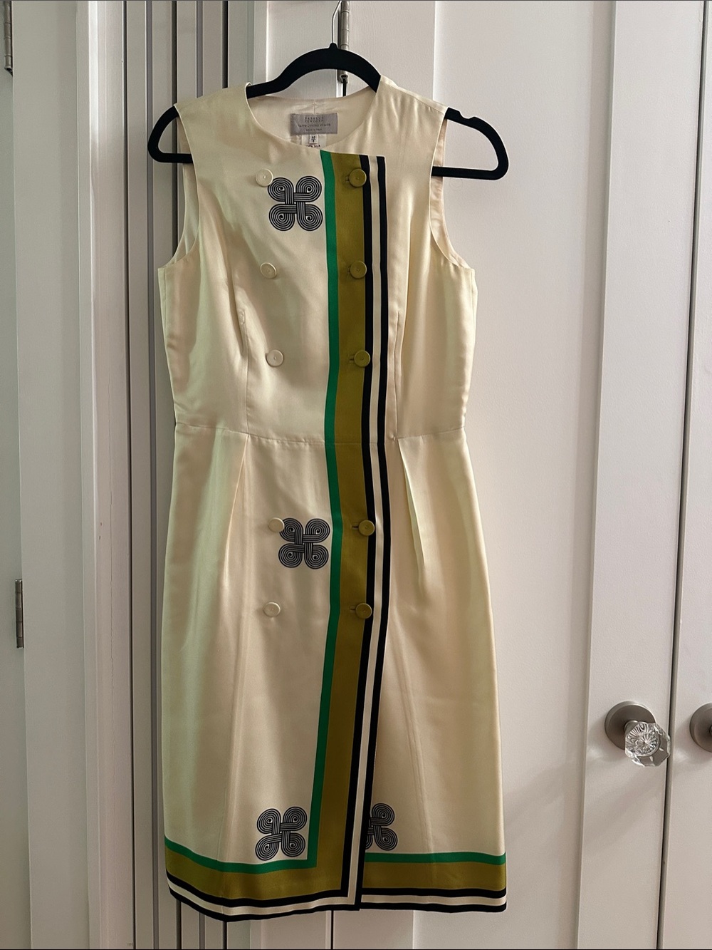 Barneys New York Cream Shift Dress with Green & Gold Stripe Accents